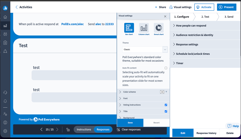 The Visual settings panel, accessible from the top toolbar of any activity.