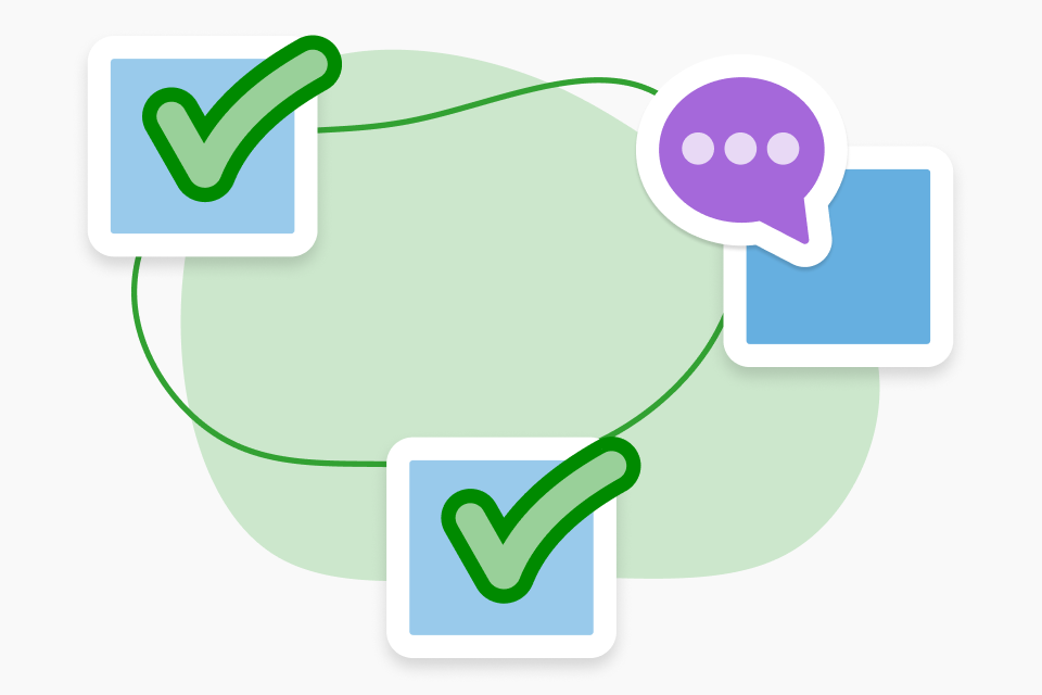 illustration of check marks and text bubble in a cirlce