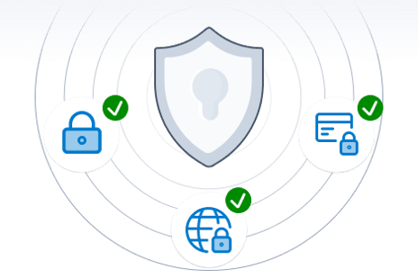 Shield graphic surrounded by intenet security padlock icons