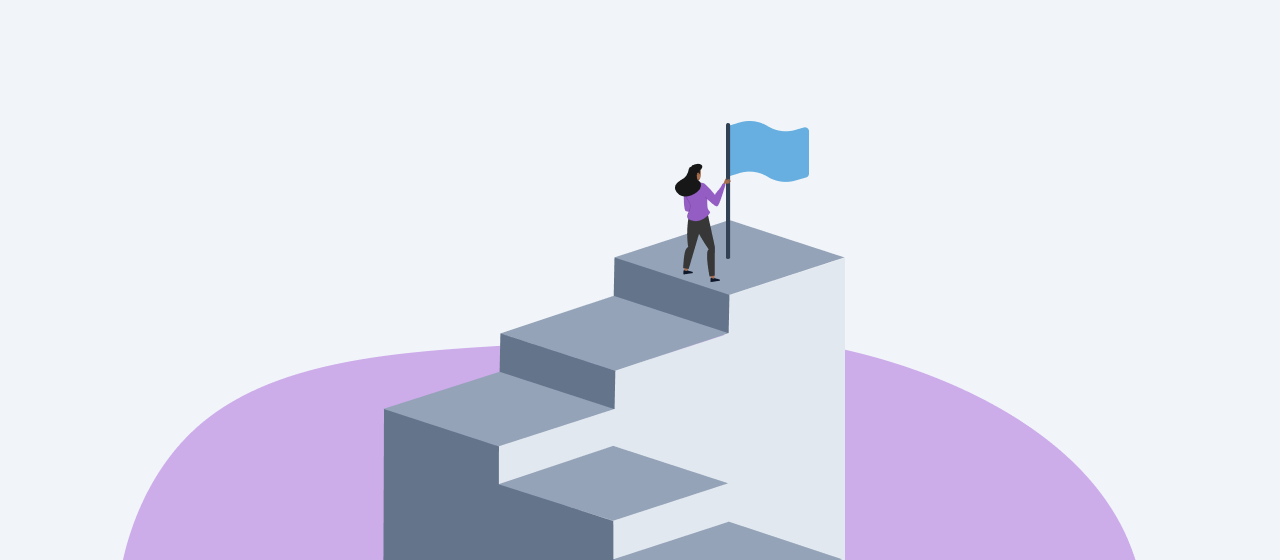 Person climbing the corporate ladder up to a goal aka a flag.
