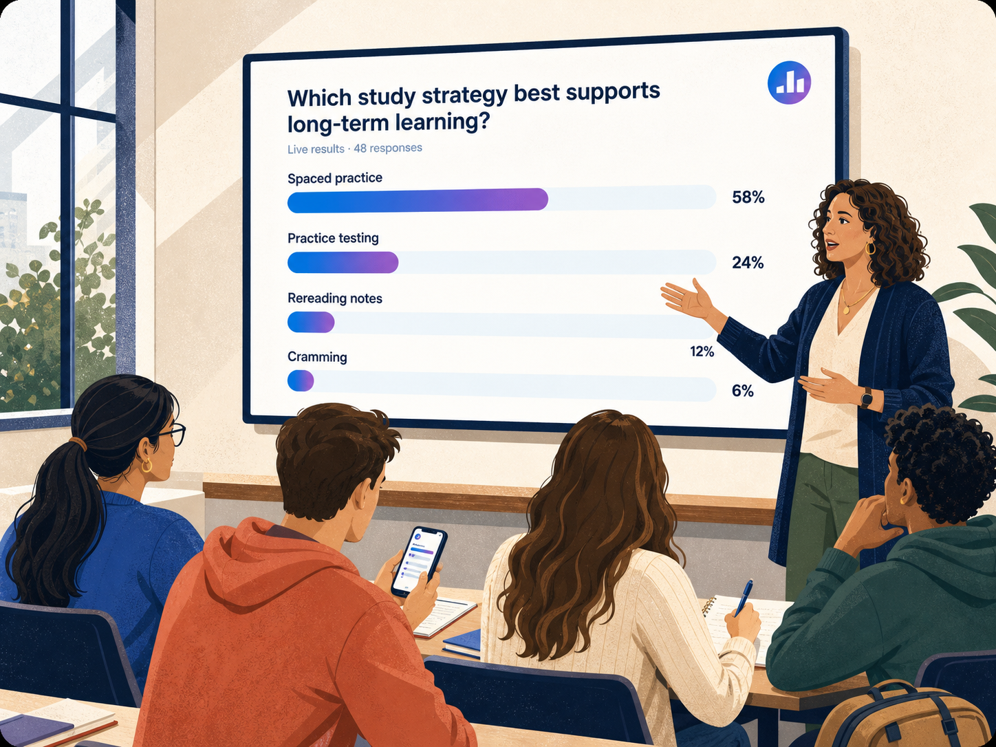 A lecturer running a live bar-chart poll while students respond on their phones