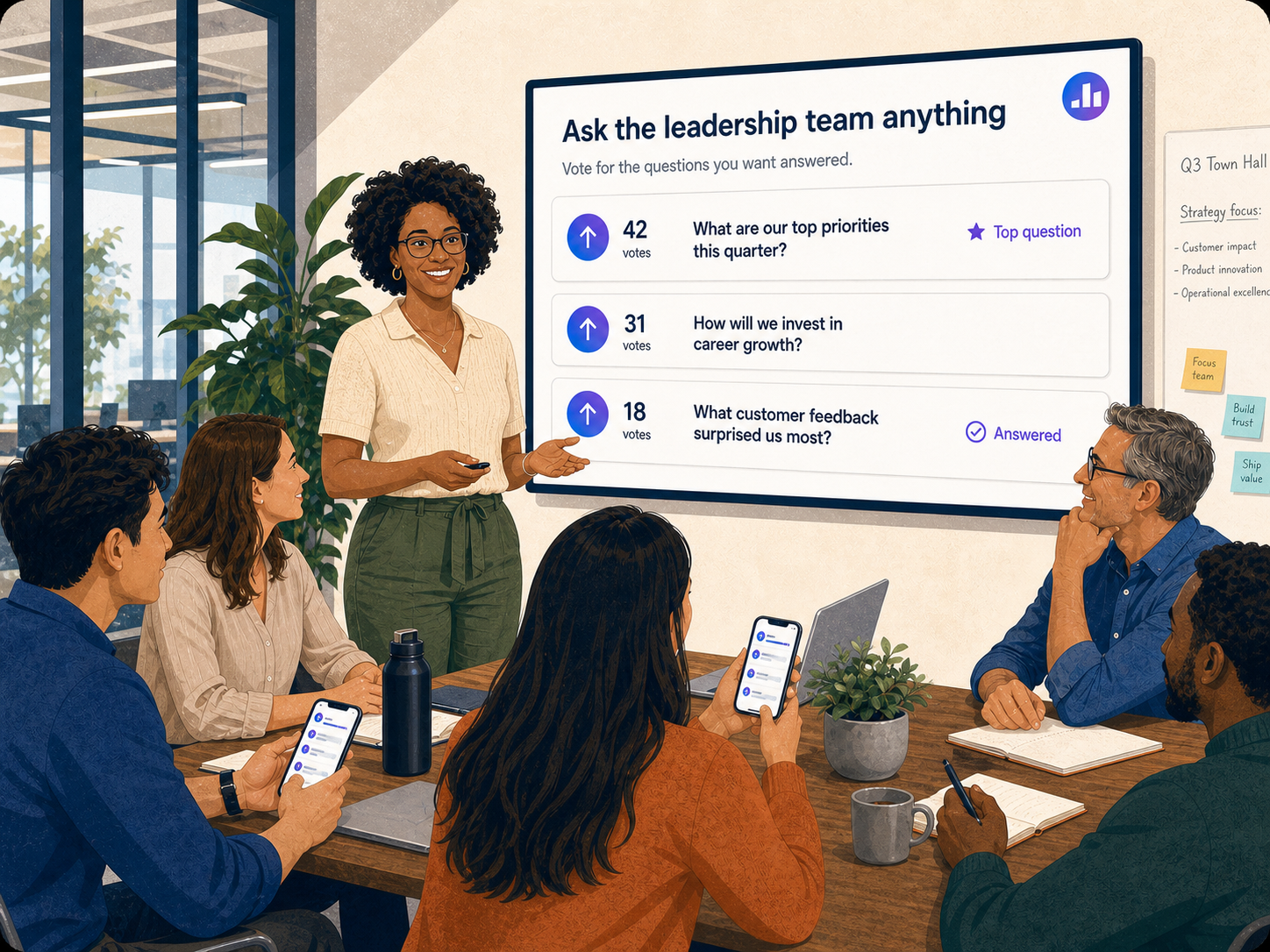 A team upvoting Q&A questions in a meeting