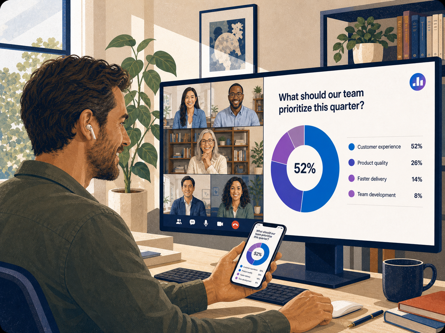 A remote team member watching live donut-chart poll results during a video call